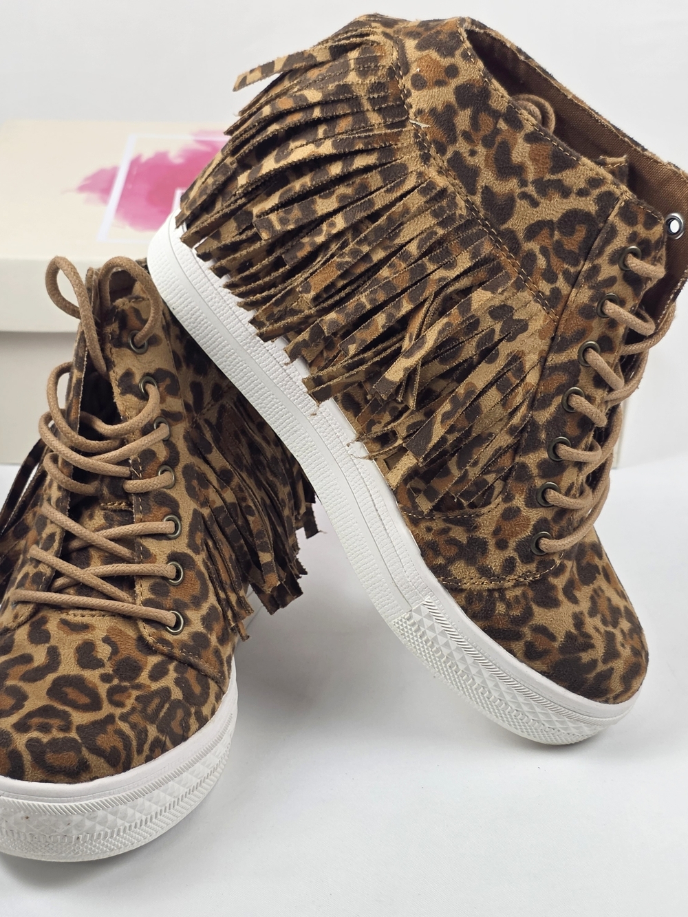 Leopard Fringe High Top Sneakers Size 9 Boho Western Festival NEW